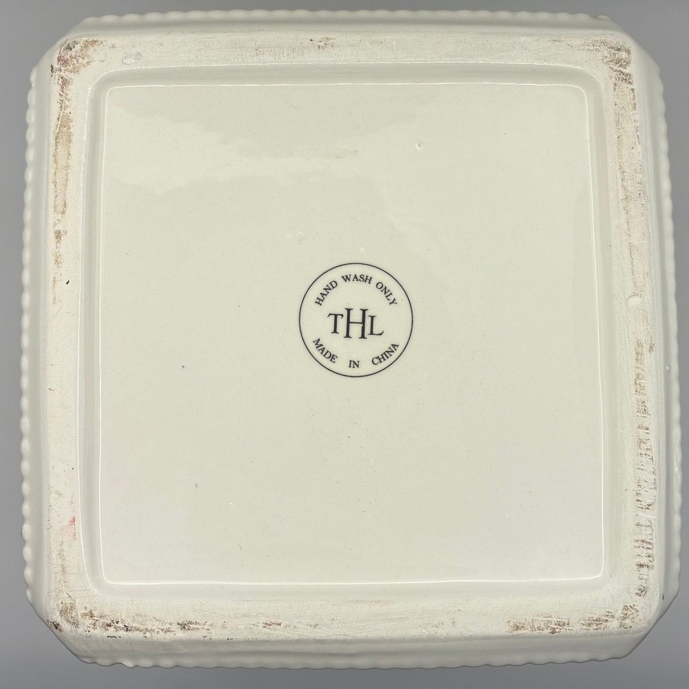 THL Ceramic Utensil Holder White Square Beaded Farmhouse Crock Silver Label - Picture 7 of 7